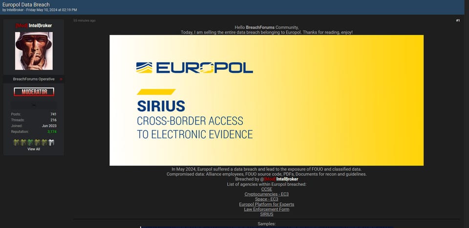 IntelBroker Posts Europol - Alliance employees, FOUO Source code, PDFs, Recon and Guidelines Documents for sale